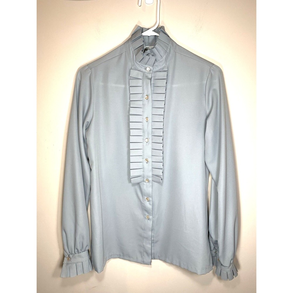 It's Gailord Blouse Large Gray Pleat Front‎ Pearl Button Vintage Secretary Geek